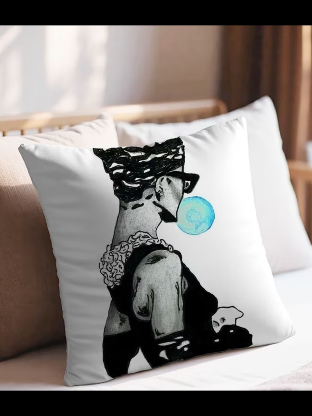 Artistic Black & White Woman Throw Pillow Cover with Blue Bubble